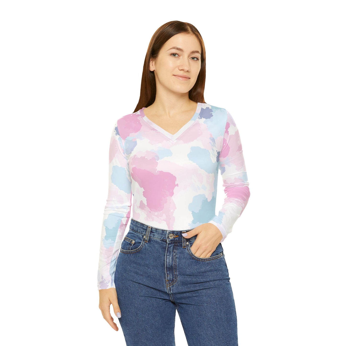 Maglietta da donna a maniche lunghe con scollo a V, top colorato con acquerello, stile casual primaverile, perfetta per l'uso quotidiano, regalo per lei