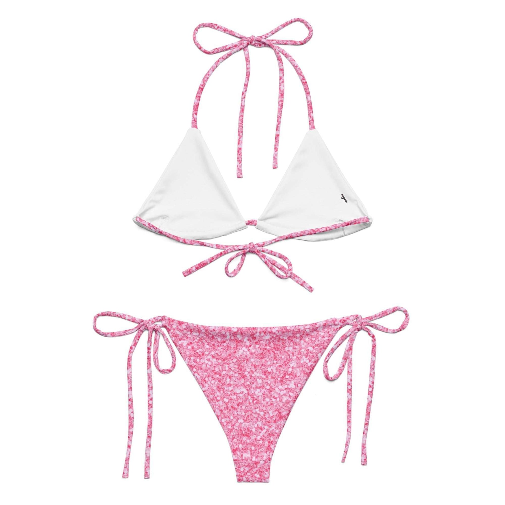 Bikini in tessuto riciclato con lacci e stampa all over 