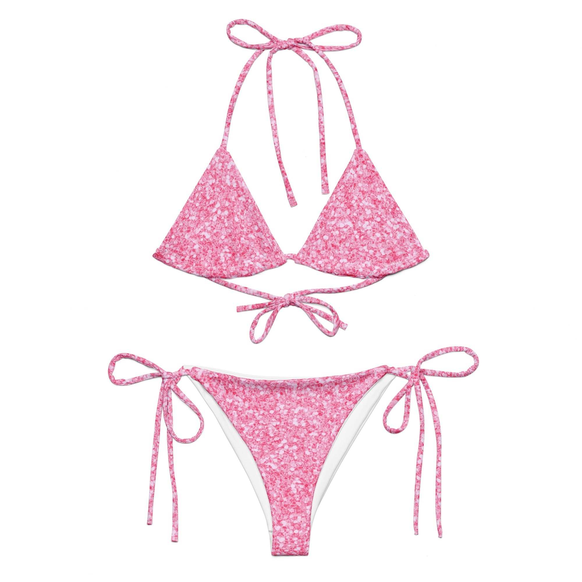 Bikini in tessuto riciclato con lacci e stampa all over 